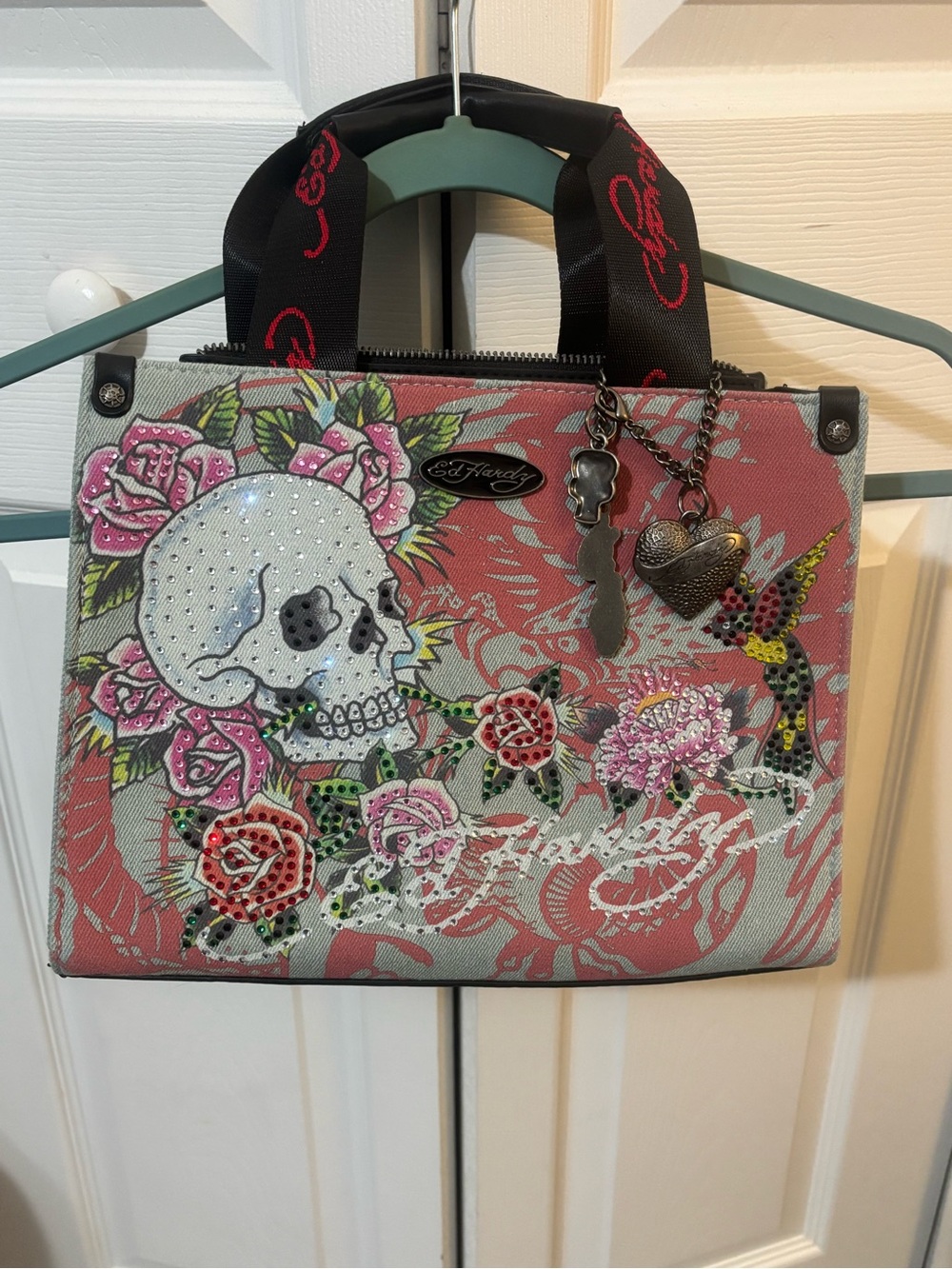 Ed Hardy Pink Floral Skull Shoulder Tote with Charms